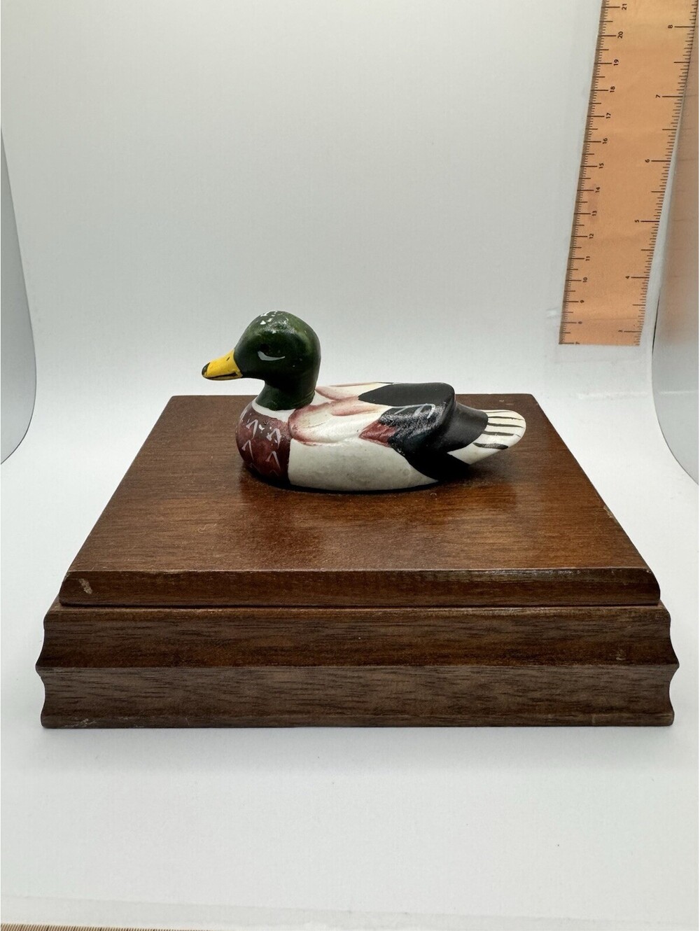Vintage Wood Playing Card Holder Box with Ceramic Mallard Duck